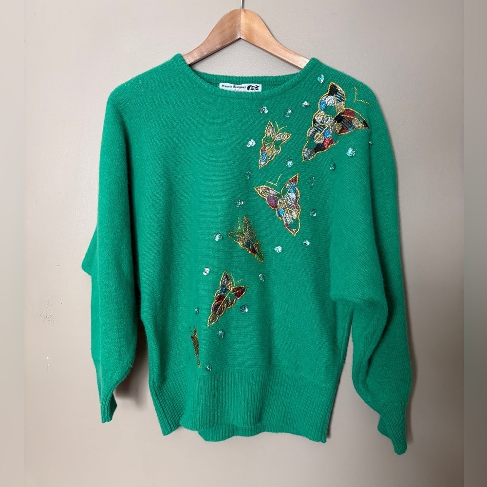 Vintage 70s whimsy PRINCESS BOUTIQUES sweater butterfly lambswool angora EUC M